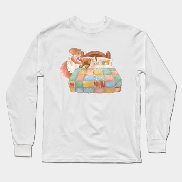 Anthropomorphic Mouse Tucking the Toys into Bed Long Sleeve T-Shirt by Jieul